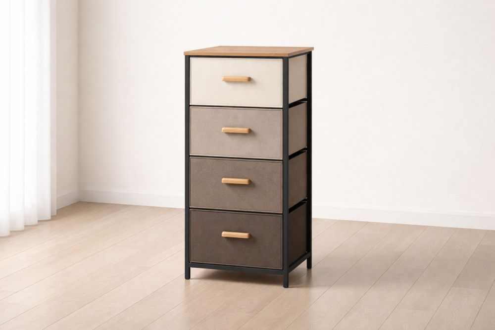 4 Drawer Fabric Dresser with Metal Frame and Wood Top